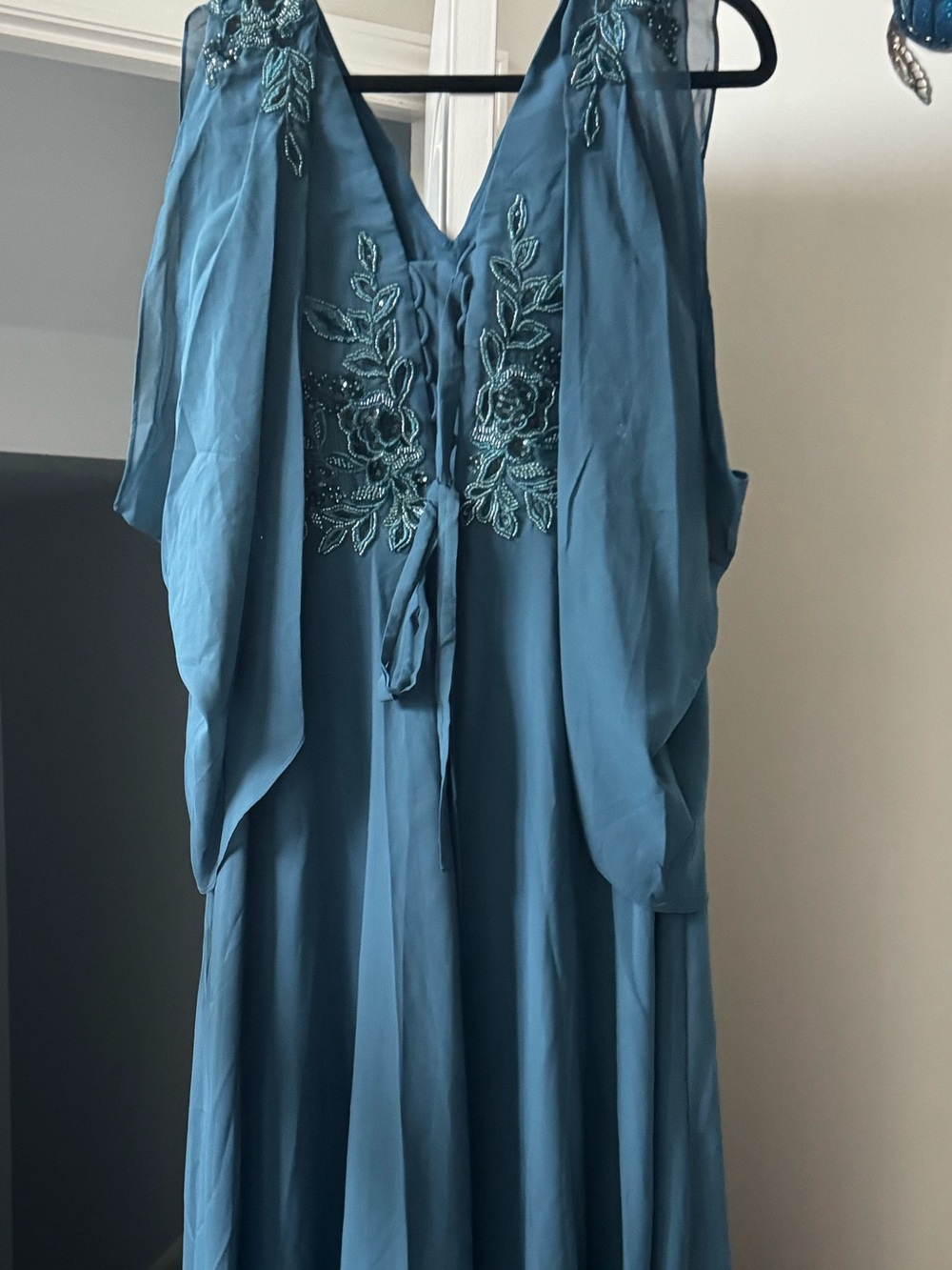 Teal Beaded V-Neck Flowing Evening Gown